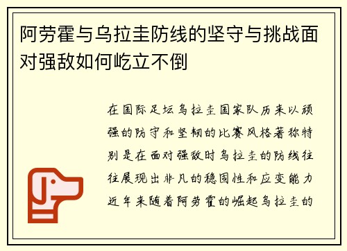 阿劳霍与乌拉圭防线的坚守与挑战面对强敌如何屹立不倒